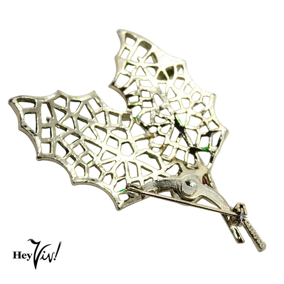 Vintage Double Holiday Holly Leaf Pin Brooch w Berry Bead 2.75" Long - Hey Viv - Picture 3 of 7